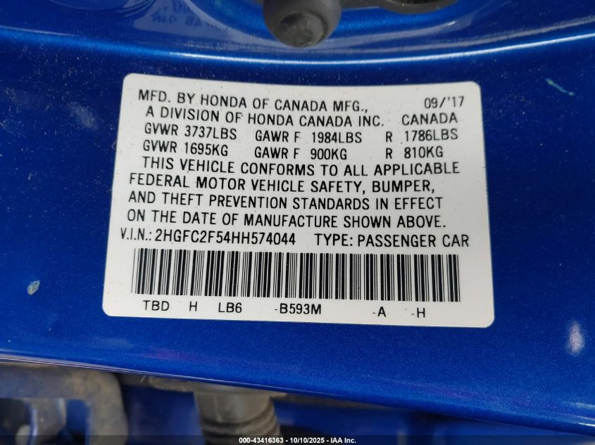 2017 Honda Civic Lx VIN: 2HGFC2F54HH574044 Lot: 43416363