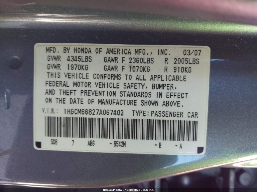 2007 Honda Accord 3.0 Ex VIN: 1HGCM66827A067402 Lot: 43416367