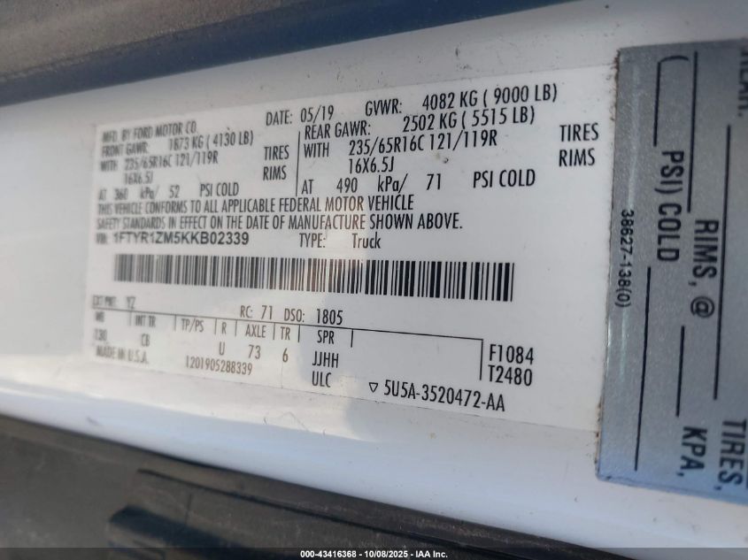 2019 Ford Transit-250 VIN: 1FTYR1ZM5KKB02339 Lot: 43416368