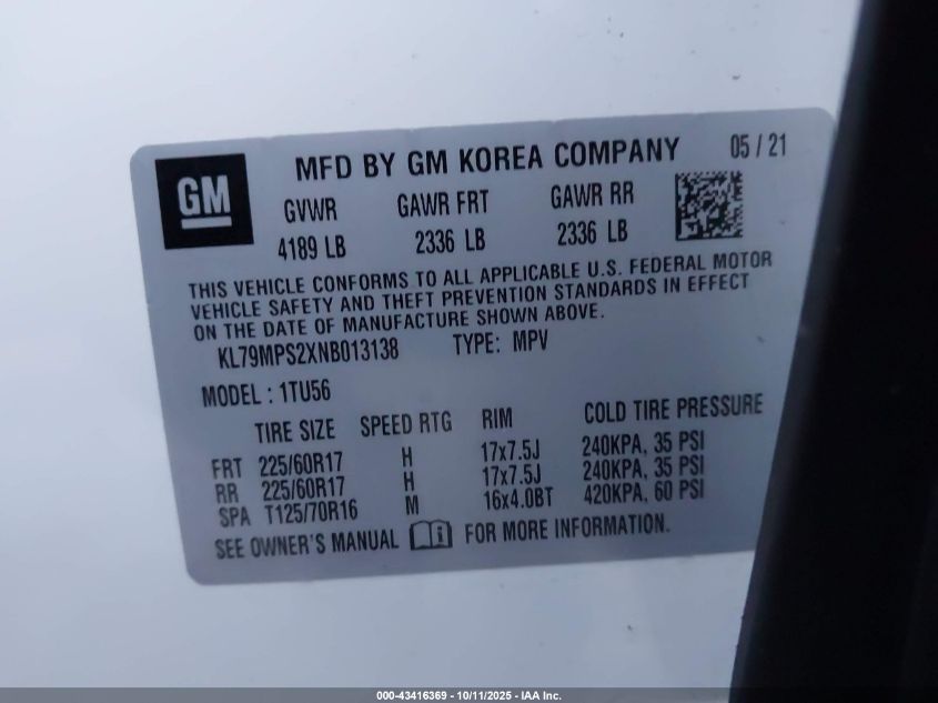 2022 Chevrolet Trailblazer Fwd Lt VIN: KL79MPS2XNB013138 Lot: 43416369