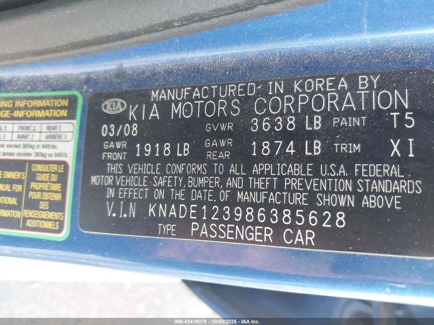 2008 Kia Rio Lx VIN: KNADE123986385628 Lot: 43416376