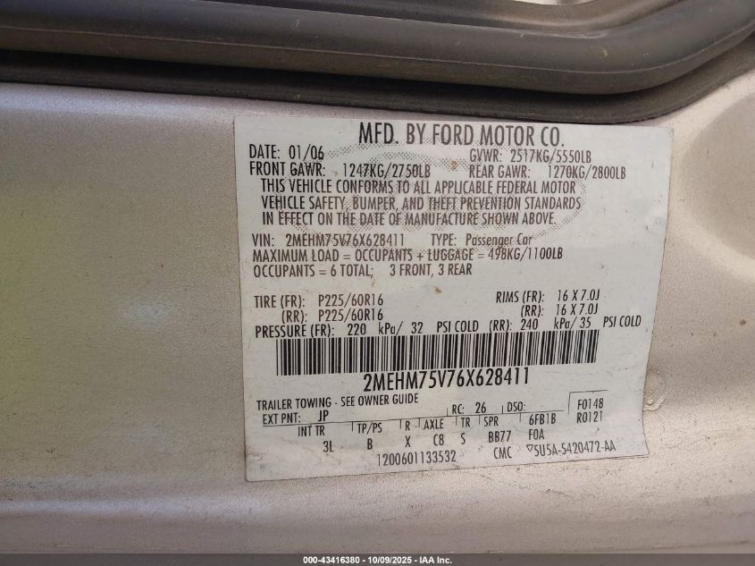 2006 Mercury Grand Marquis Ls VIN: 2MEHM75V76X628411 Lot: 43416380