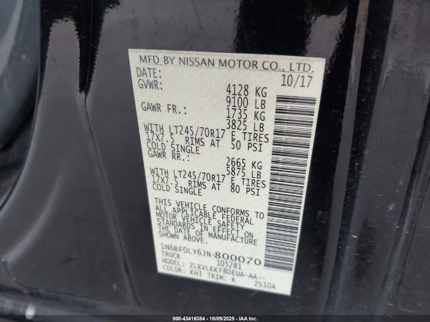 2018 Nissan Nv Cargo Nv2500 Hd Sl V6 VIN: 1N6BF0LY6JN800070 Lot: 43416384