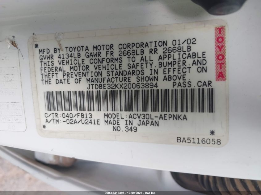 2002 Toyota Camry Le VIN: JTDBE32KX20063894 Lot: 43416395