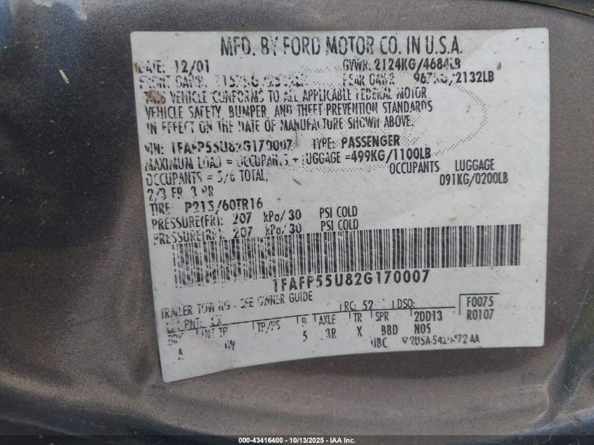 2002 Ford Taurus Ses VIN: 1FAFP55U82G170007 Lot: 43416400