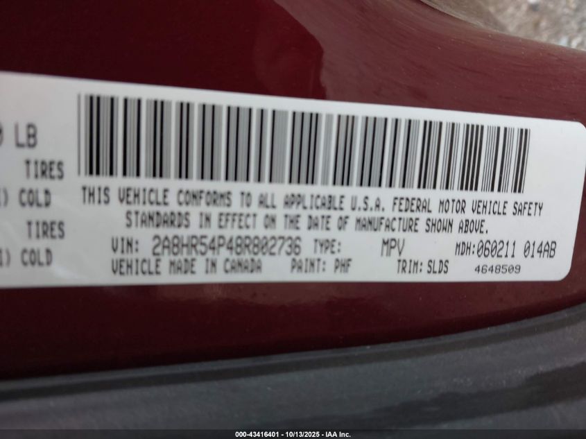 2008 Chrysler Town & Country Touring VIN: 2A8HR54P48R802736 Lot: 43416401