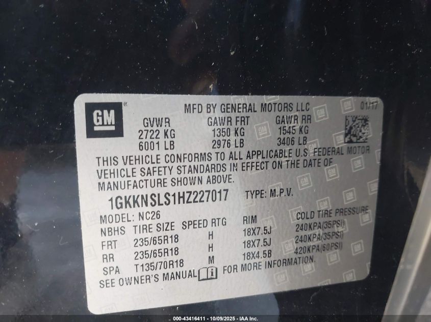 2017 GMC Acadia Sle-2 VIN: 1GKKNSLS1HZ227017 Lot: 43416411