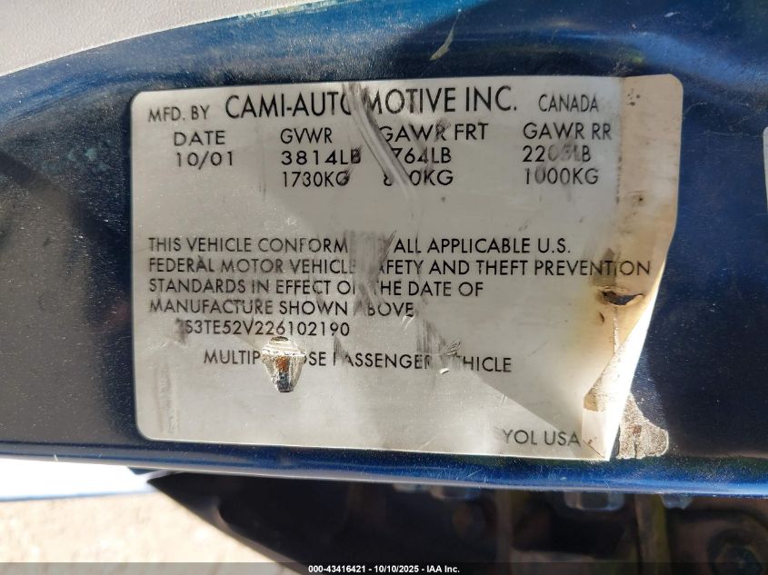 2002 Suzuki Vitara Jls VIN: 2S3TE52V226102190 Lot: 43416421