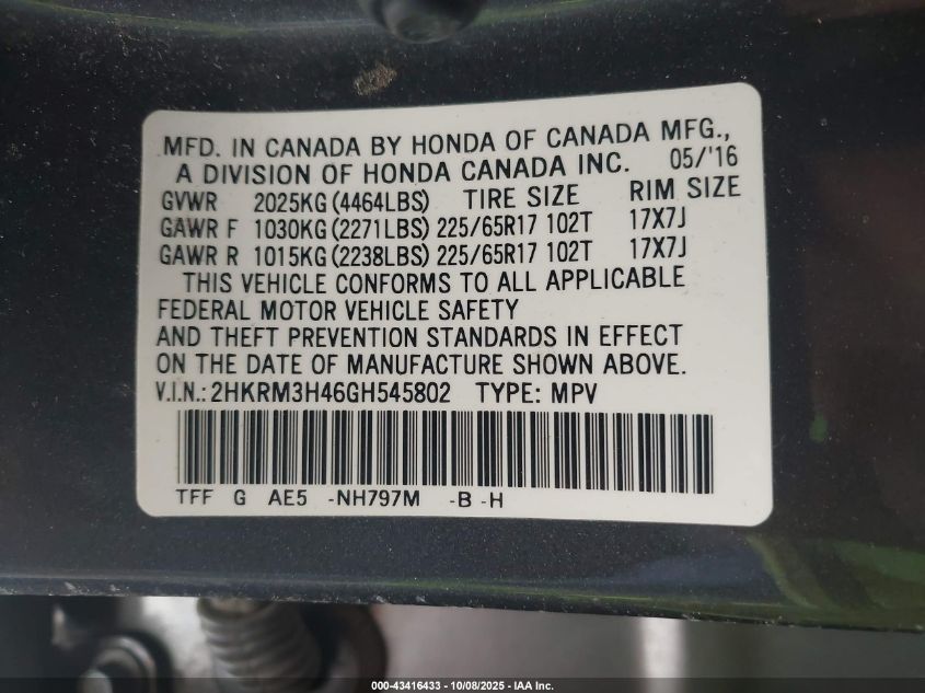 2016 Honda Cr-V Se VIN: 2HKRM3H46GH545802 Lot: 43416433