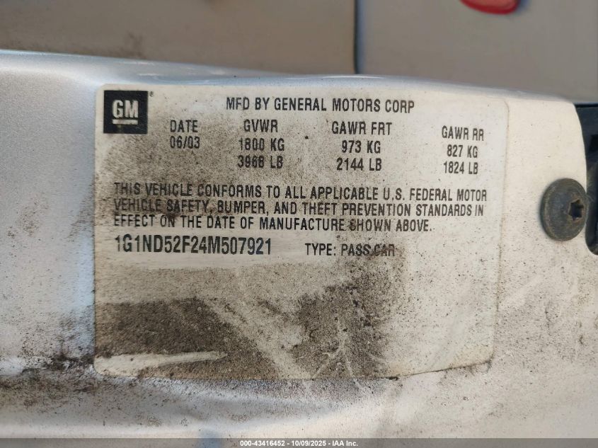 2004 Chevrolet Classic VIN: 1G1ND52F24M507921 Lot: 43416452