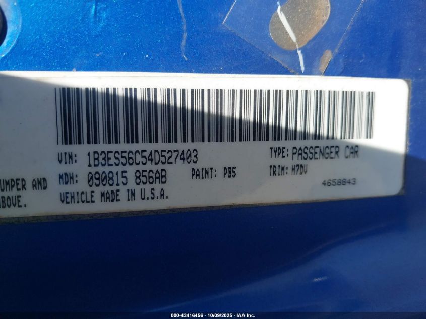 2004 Dodge Neon Sxt VIN: 1B3ES56C54D527403 Lot: 43416456