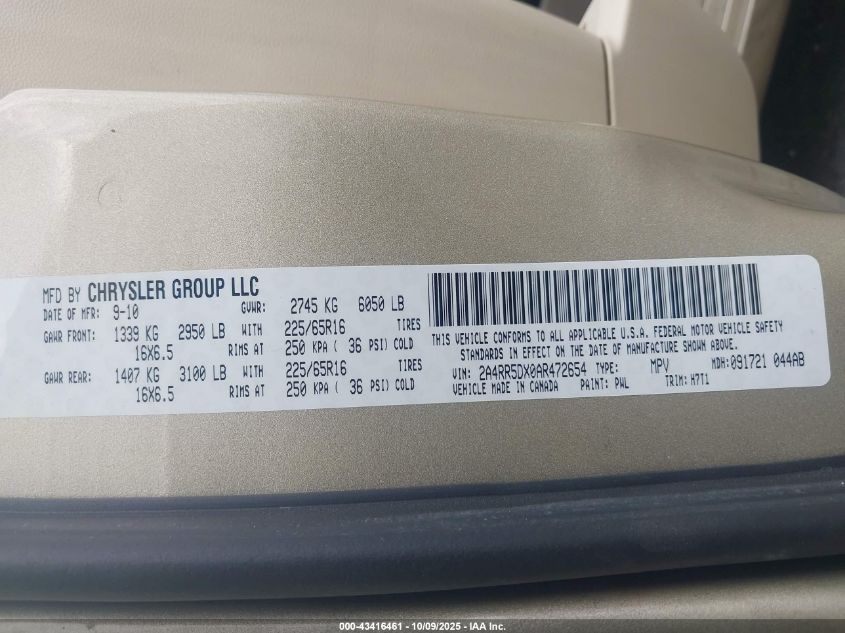 2010 Chrysler Town & Country Touring VIN: 2A4RR5DX0AR472654 Lot: 43416461