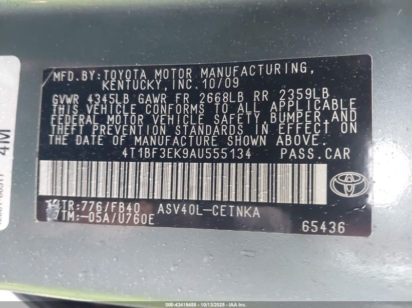 2010 Toyota Camry Le VIN: 4T1BF3EK9AU555134 Lot: 43416458