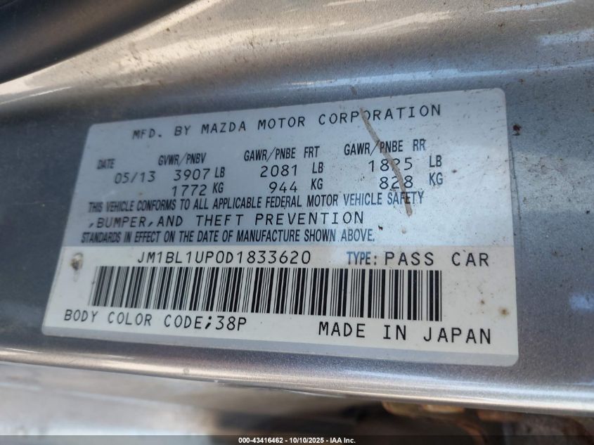 2013 Mazda Mazda3 I Sport VIN: JM1BL1UP0D1833620 Lot: 43416462