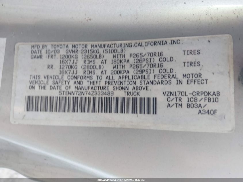 2004 Toyota Tacoma Base V6 VIN: 5TEWN72N74Z333489 Lot: 43416464