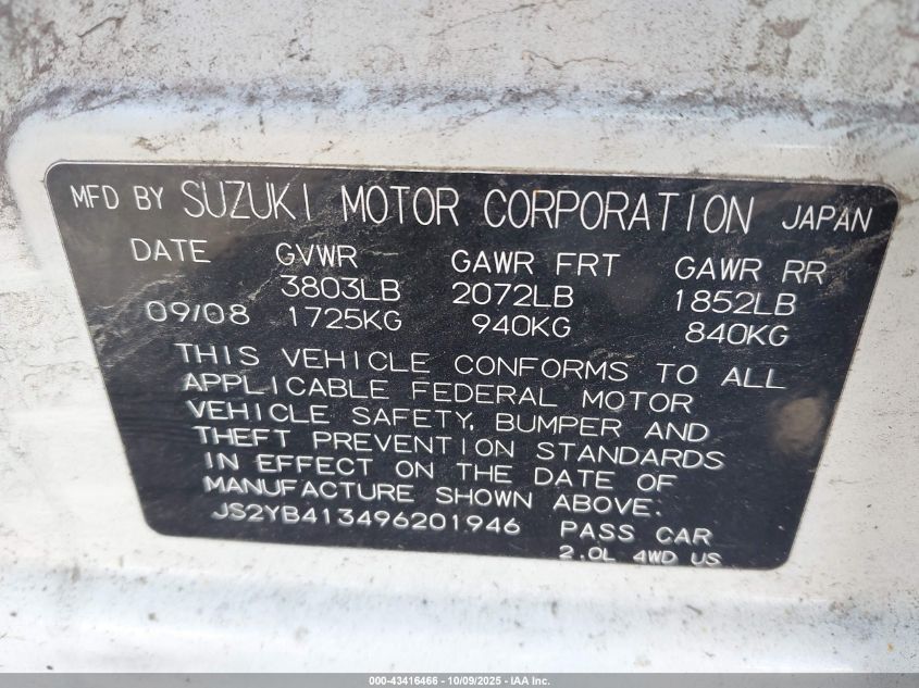 2009 Suzuki Sx4 Technology VIN: JS2YB413496201946 Lot: 43416466