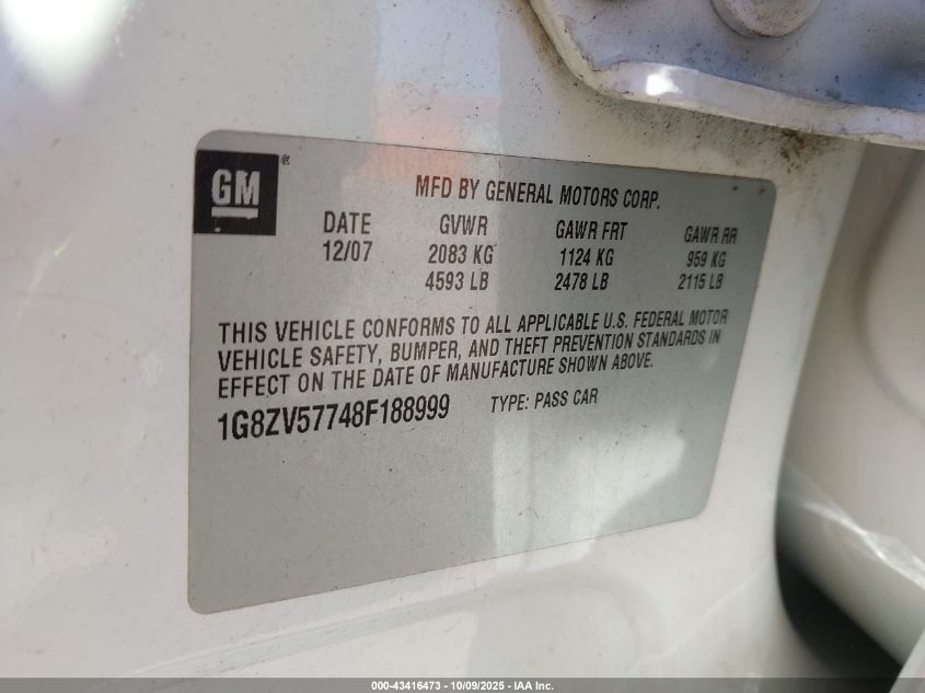 2008 Saturn Aura Xr VIN: 1G8ZV57748F188999 Lot: 43416473