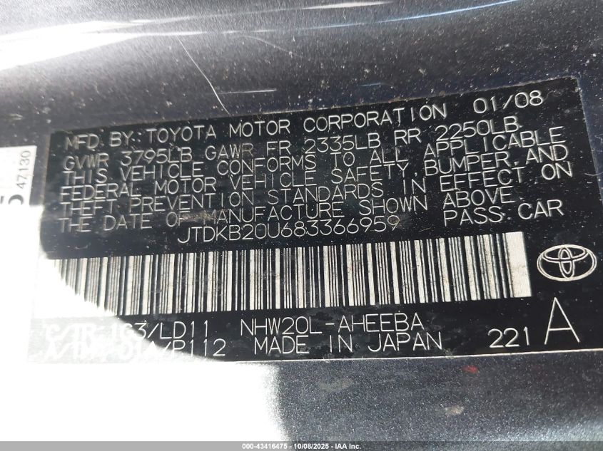 2008 Toyota Prius VIN: JTDKB20U683366959 Lot: 43416475