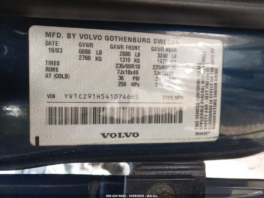 2004 Volvo Xc90 T6 VIN: YV1CZ91H541074665 Lot: 43416483