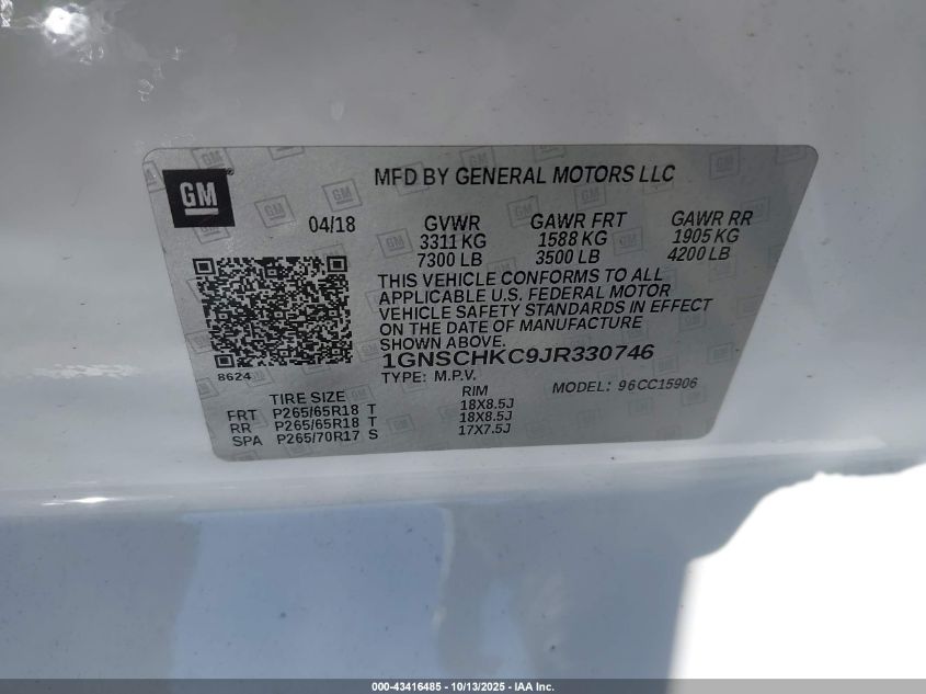 2018 Chevrolet Suburban Lt VIN: 1GNSCHKC9JR330746 Lot: 43416485