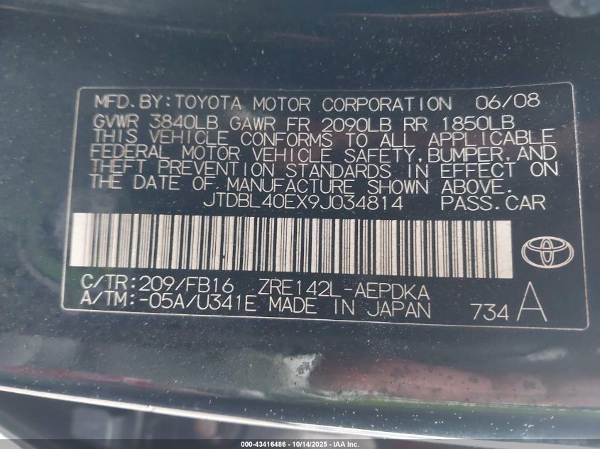 2009 Toyota Corolla VIN: JTDBL40EX9J034814 Lot: 43416486