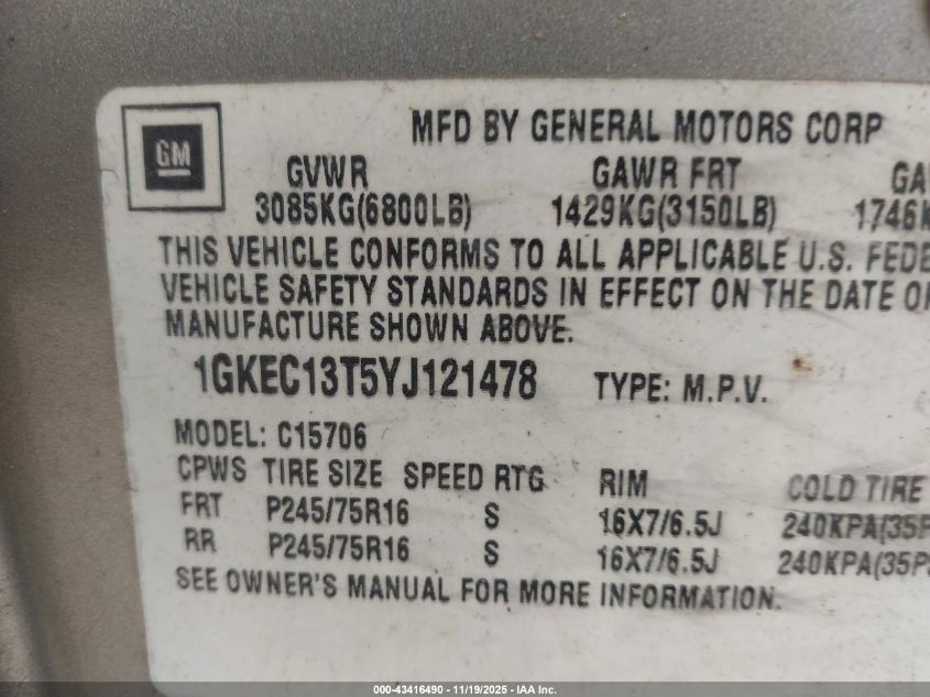 2000 GMC Yukon Sle VIN: 1GKEC13T5YJ121478 Lot: 43416490