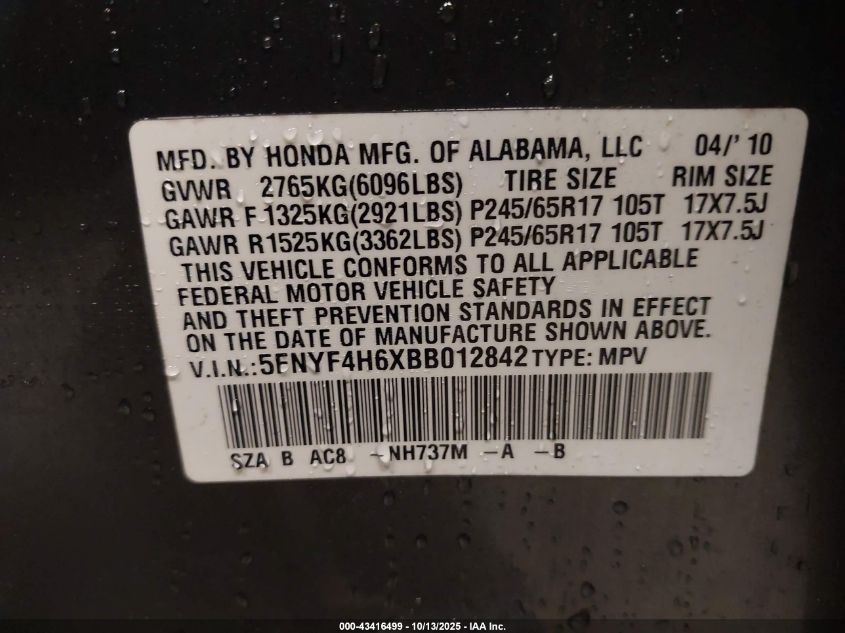 2011 Honda Pilot Ex-L VIN: 5FNYF4H6XBB012842 Lot: 43416499