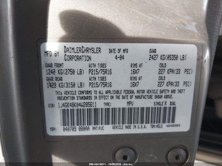 2004 Jeep Liberty Sport VIN: 1J4GK48K04W285611 Lot: 43416511