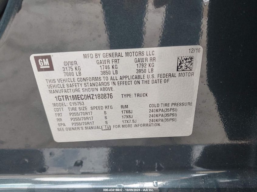 2017 GMC Sierra 1500 Sle VIN: 1GTR1MEC0HZ180876 Lot: 43416512