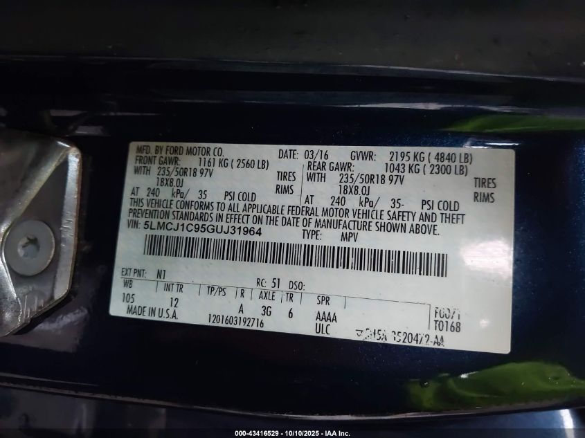 2016 Lincoln Mkc Premier VIN: 5LMCJ1C95GUJ31964 Lot: 43416529