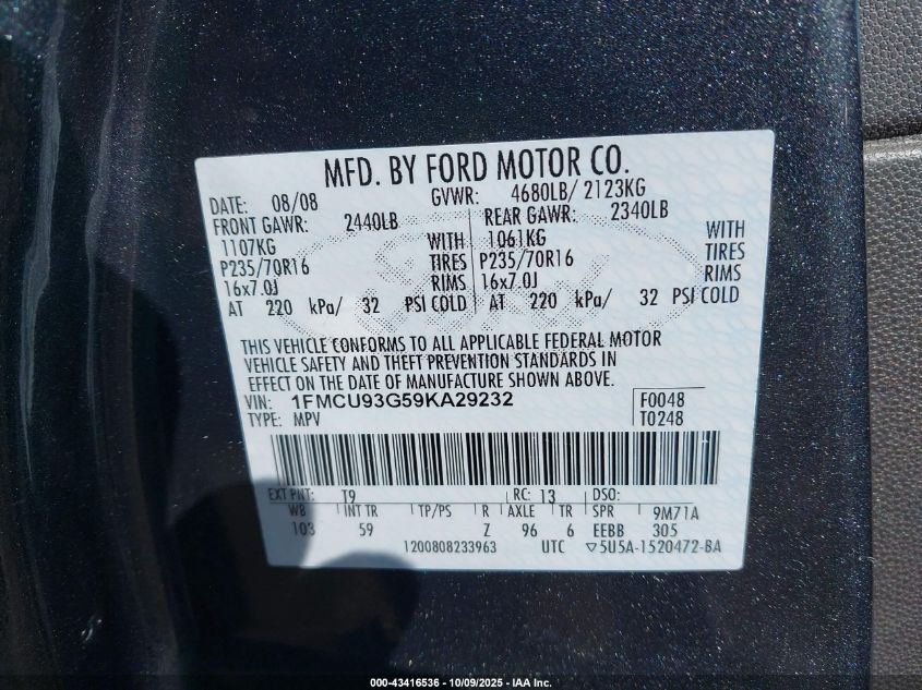 2009 Ford Escape Xlt VIN: 1FMCU93G59KA29232 Lot: 43416536