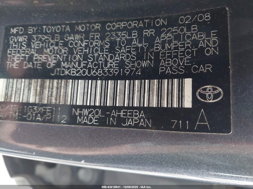 2008 Toyota Prius VIN: JTDKB20U683391974 Lot: 43416541