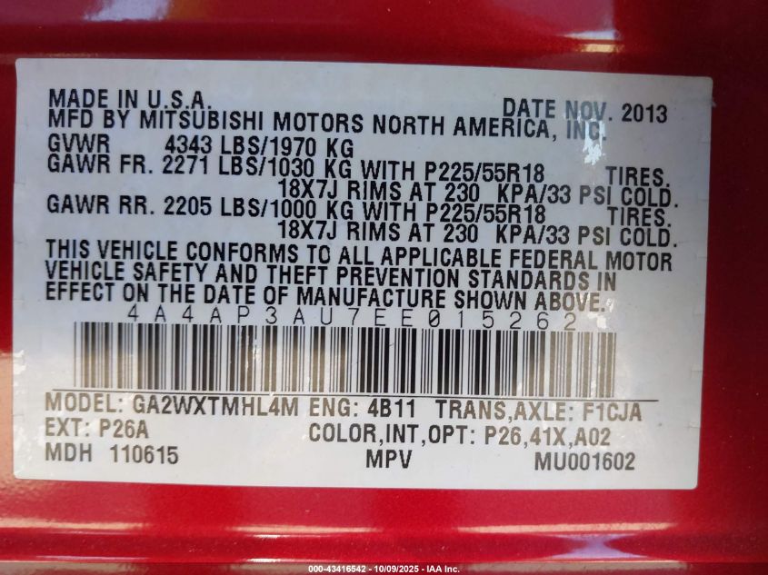 2014 Mitsubishi Outlander Sport Es VIN: 4A4AP3AU7EE015262 Lot: 43416542