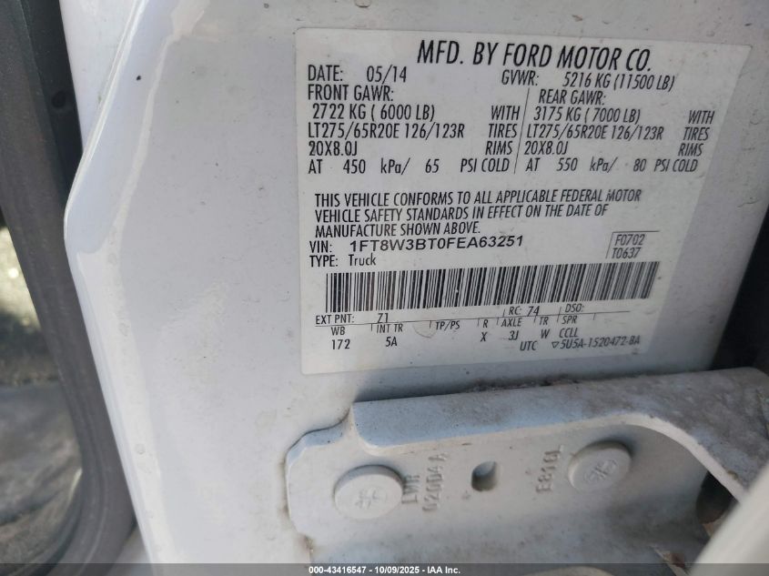 2015 Ford F-350 Lariat VIN: 1FT8W3BT0FEA63251 Lot: 43416547