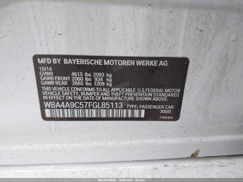 2015 BMW 428 Gran Coupe VIN: WBA4A9C57FGL85113 Lot: 43416552