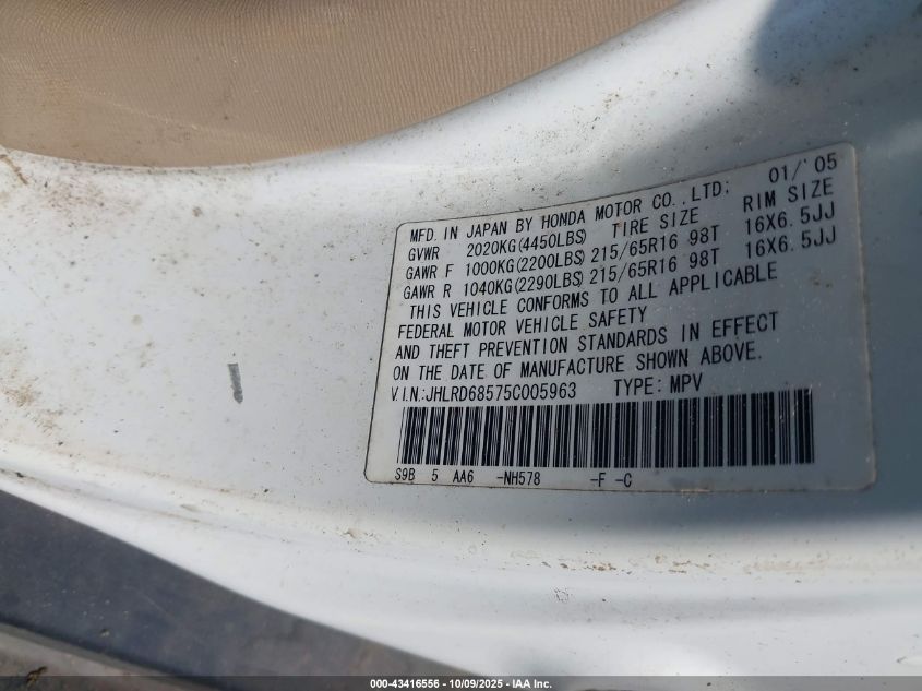 2005 Honda Cr-V Lx VIN: JHLRD68575C005963 Lot: 43416556