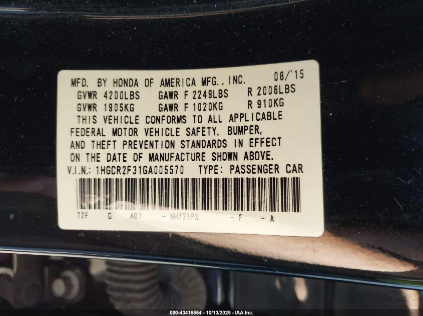 2016 Honda Accord Lx VIN: 1HGCR2F31GA005570 Lot: 43416564