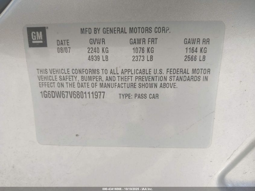 2008 Cadillac Sts V6 VIN: 1G6DW67V680111977 Lot: 43416566