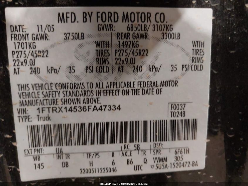 2006 Ford F-150 Fx4/Lariat/Xl/Xlt VIN: 1FTRX14536FA47334 Lot: 43416575