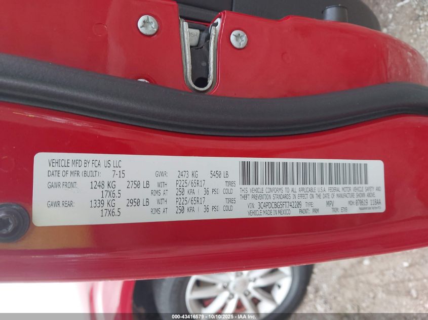 2015 Dodge Journey Sxt VIN: 3C4PDCBG5FT742209 Lot: 43416579