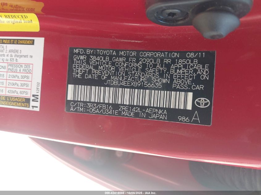 2011 Toyota Corolla Le VIN: JTDBU4EEXB9156635 Lot: 43416588