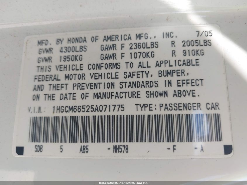 2005 Honda Accord 3.0 Ex VIN: 1HGCM66525A071775 Lot: 43416595