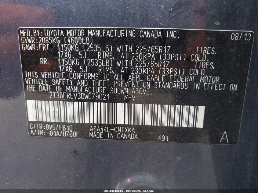 2013 Toyota Rav4 Le VIN: 2T3BFREV3DW079021 Lot: 43416615