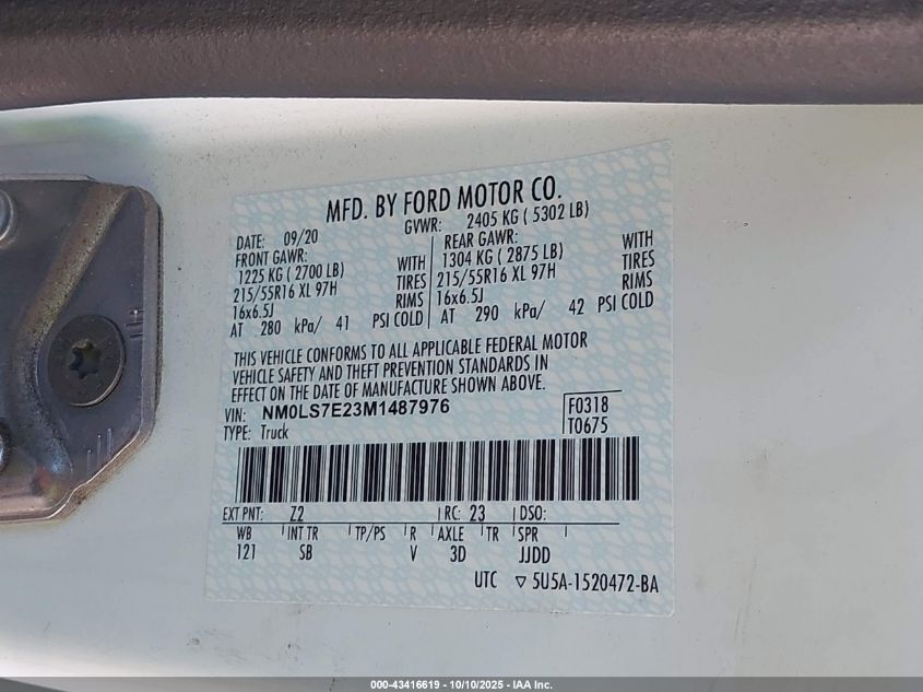 2021 Ford Transit Connect Xl VIN: NM0LS7E23M1487976 Lot: 43416619