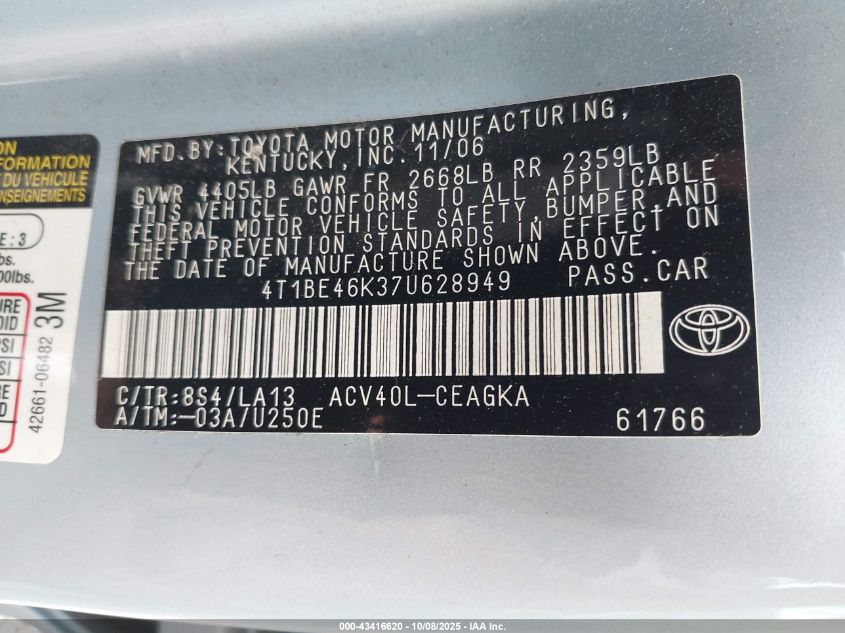 2007 Toyota Camry Xle VIN: 4T1BE46K37U628949 Lot: 43416620