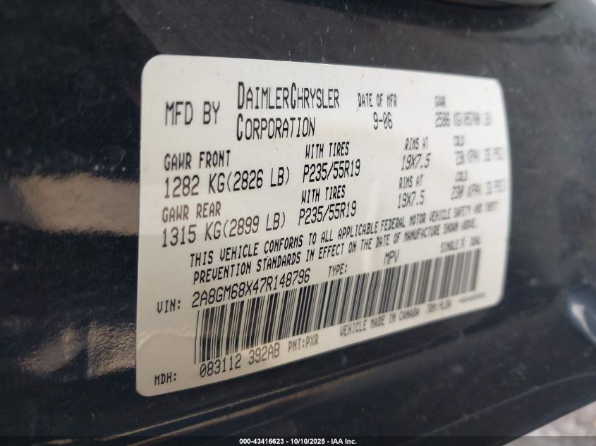 2007 Chrysler Pacifica Touring VIN: 2A8GM68X47R148796 Lot: 43416623