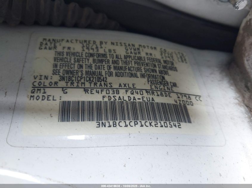 2012 Nissan Versa 1.8 S VIN: 3N1BC1CP1CK210542 Lot: 43416638