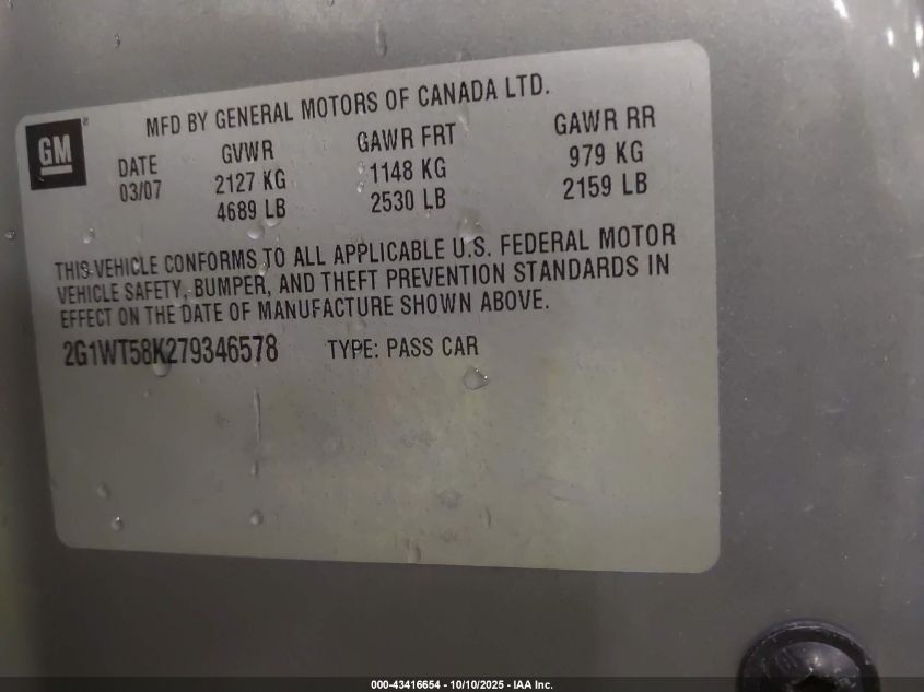 2007 Chevrolet Impala Lt VIN: 2G1WT58K279346578 Lot: 43416654