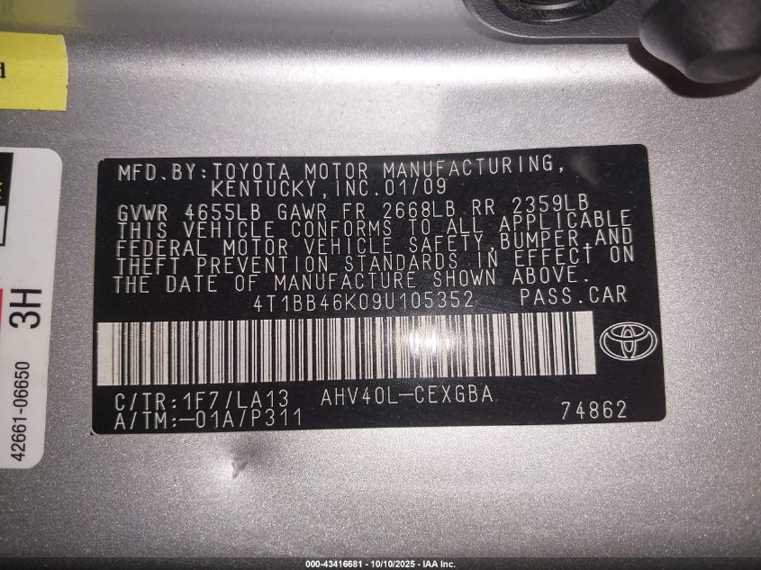2009 Toyota Camry Hybrid VIN: 4T1BB46K09U105352 Lot: 43416681