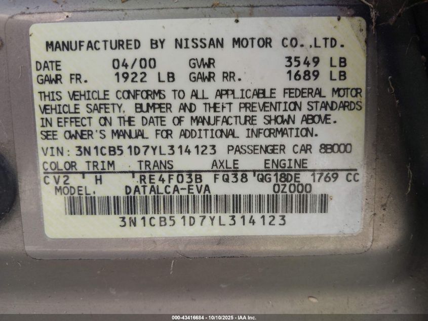 2000 Nissan Sentra Gxe/Xe VIN: 3N1CB51D7YL314123 Lot: 43416684